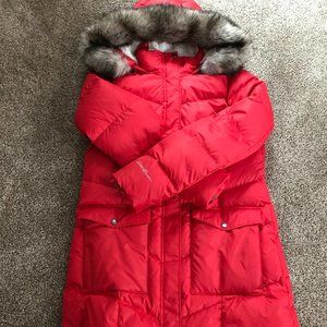 EDDIE BAUER-Womens-RED-Long -Large-Winter Down Coat w/hood-New without tags